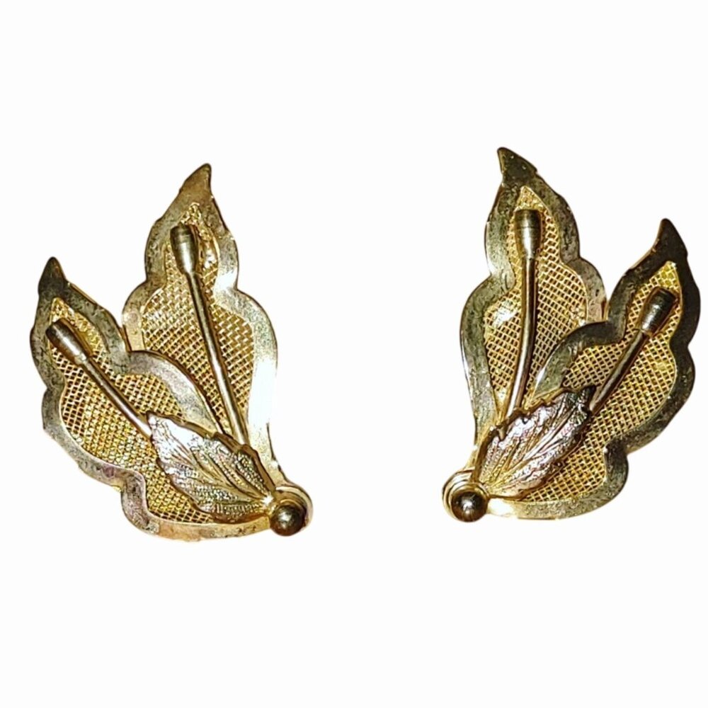 Motif Leaf Earrings Vintage Gold Tone Clip On 1950 Mesh Botanical Multi Layered